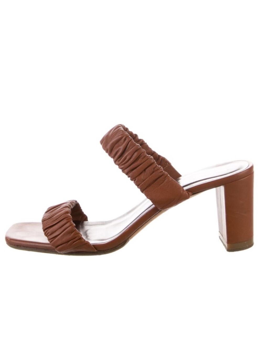 Staud Frankie Brown Leather Ruched Double-Strap Block Heel Sandal Slide 39 US 9